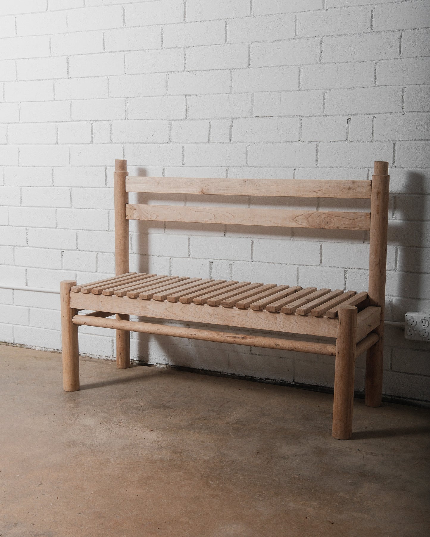Rustic Wooden Slatted Bench with Backrest in Natural Finish