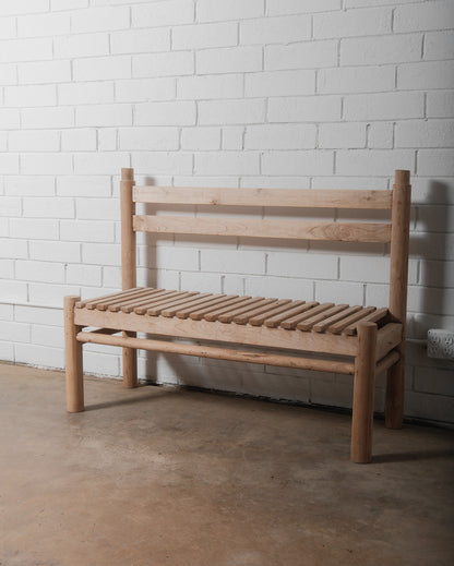 Rustic Wooden Slatted Bench with Backrest in Natural Finish