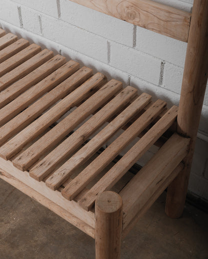 Rustic Wooden Slatted Bench with Backrest in Natural Finish