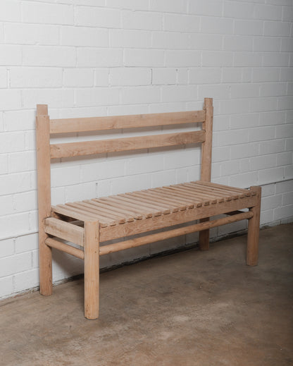 Rustic Wooden Slatted Bench with Backrest in Natural Finish