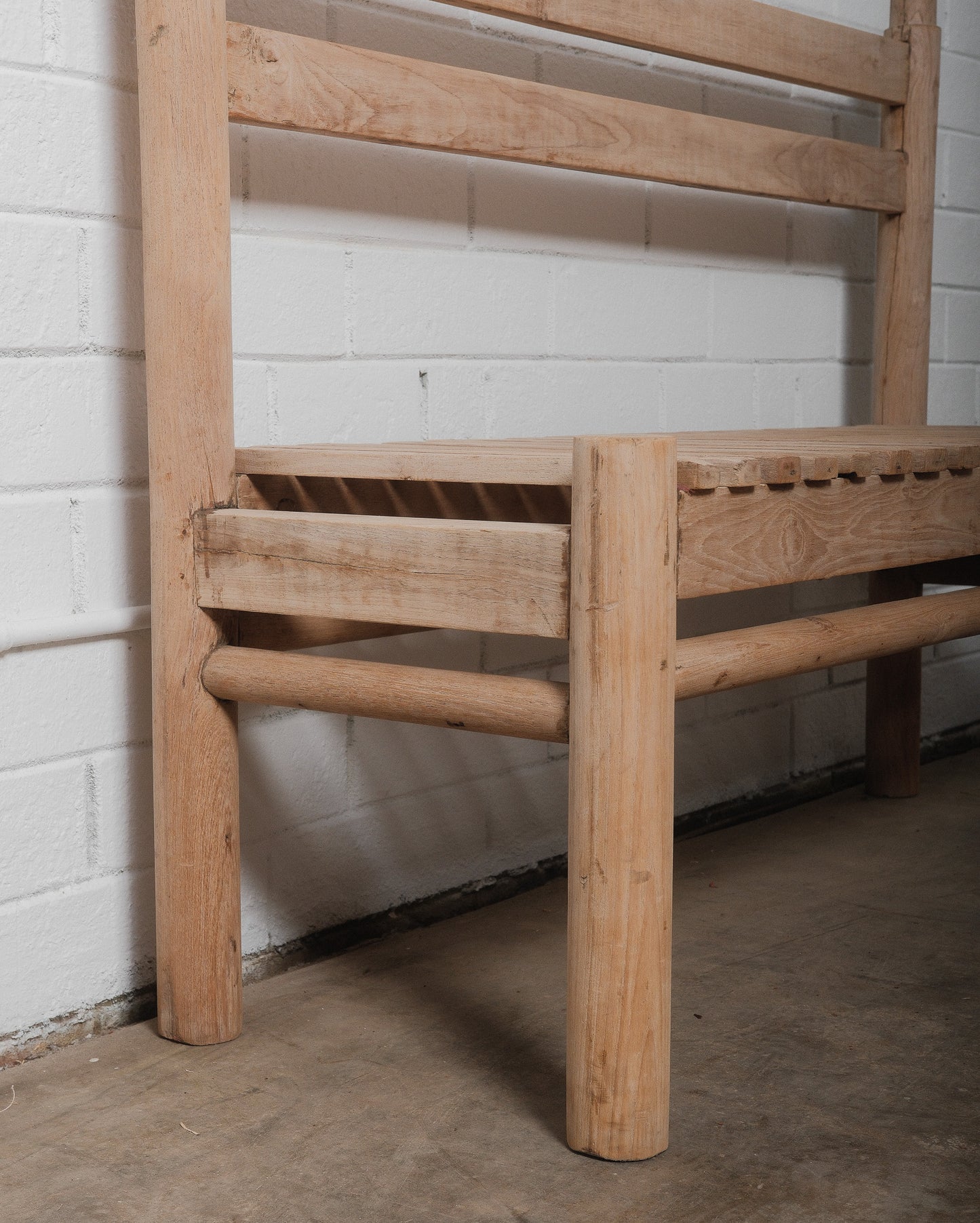 Rustic Wooden Slatted Bench with Backrest in Natural Finish