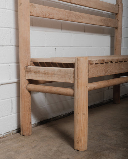 Rustic Wooden Slatted Bench with Backrest in Natural Finish