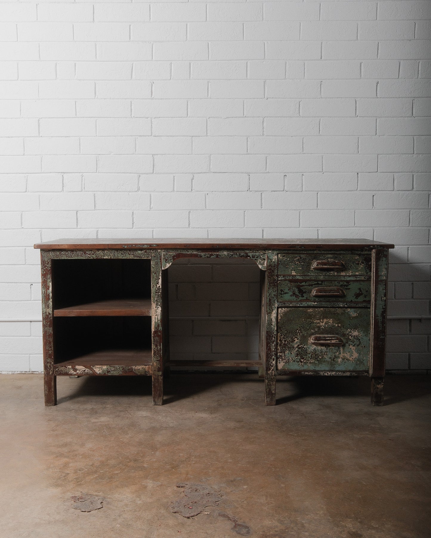 Rustic Industrial Aged Patina Wooden Desk with Metal Accents