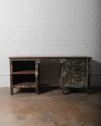 Rustic Industrial Aged Patina Wooden Desk with Metal Accents