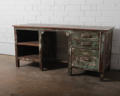 Rustic Industrial Aged Patina Wooden Desk with Metal Accents