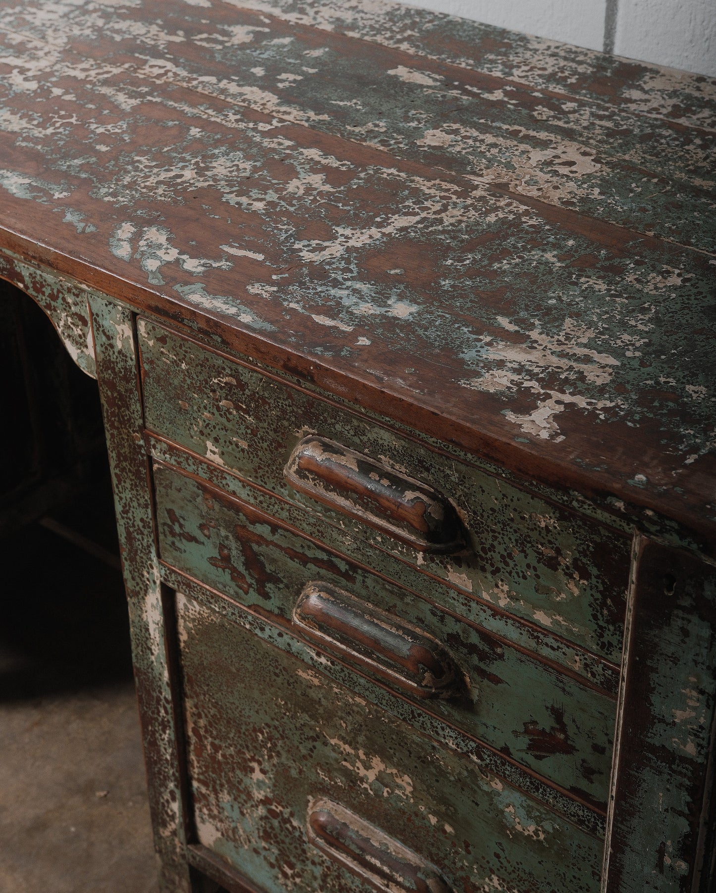 Rustic Industrial Aged Patina Wooden Desk with Metal Accents