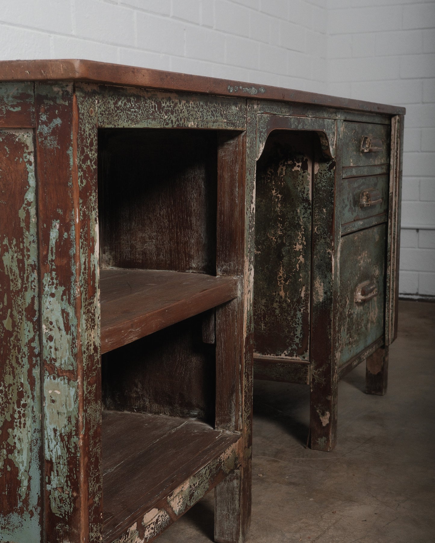 Rustic Industrial Aged Patina Wooden Desk with Metal Accents