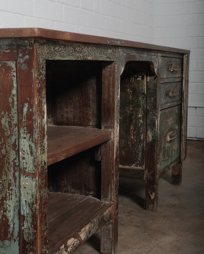 Rustic Industrial Aged Patina Wooden Desk with Metal Accents
