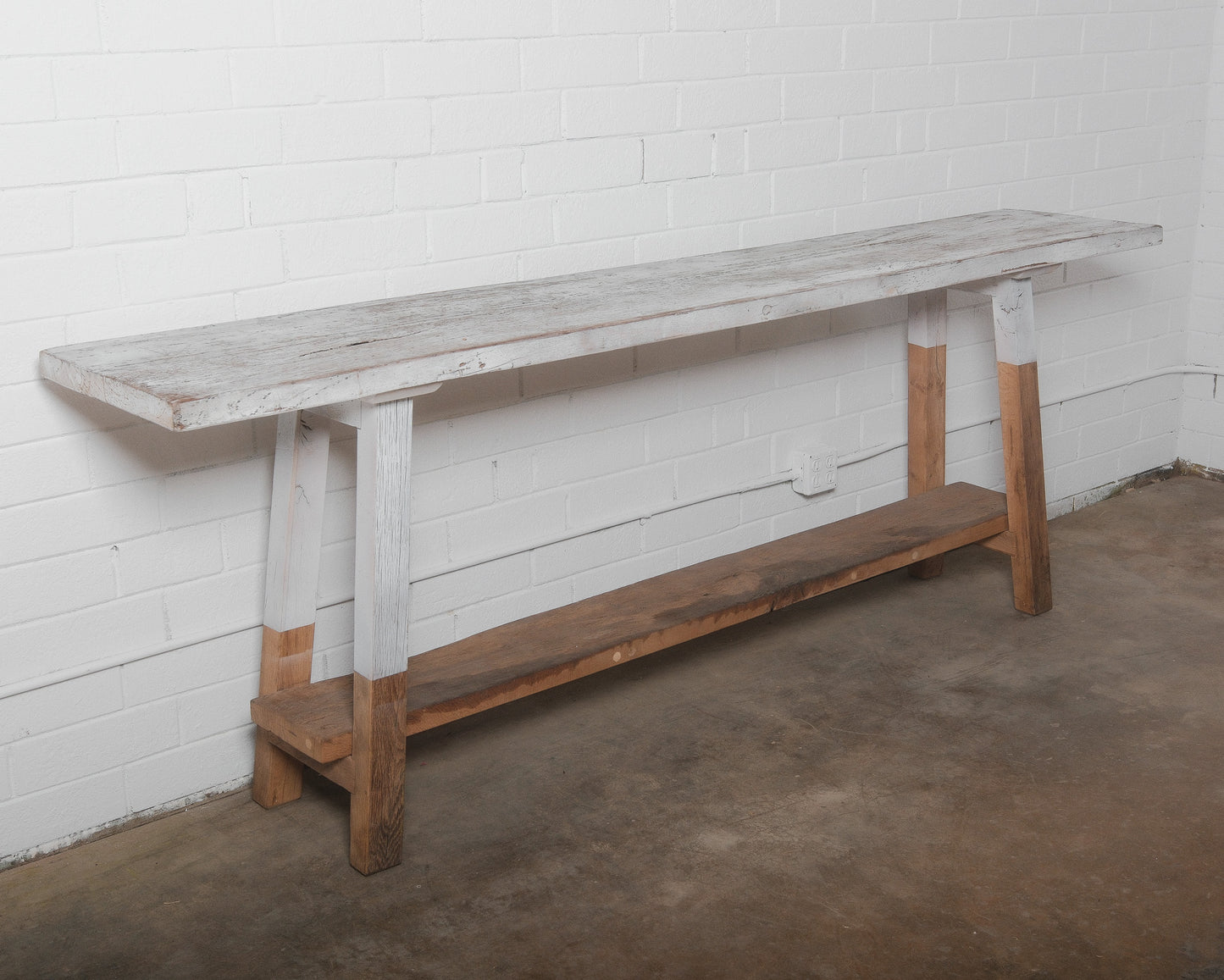 Rustic Vintage Console Table with Distressed Whitewashed Finish