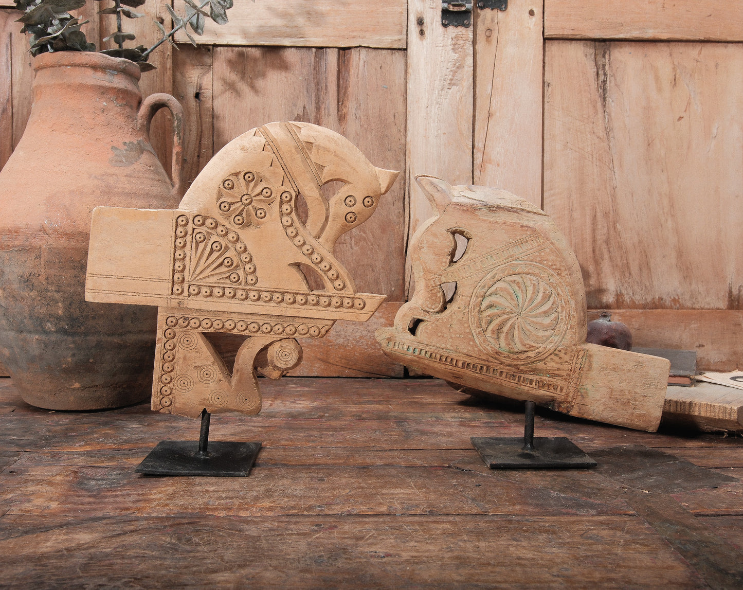 Vintage Hand-Carved Wooden Horse Sculpture on Stand | Folk Art Tribal Decor | Rustic Primitive Accent