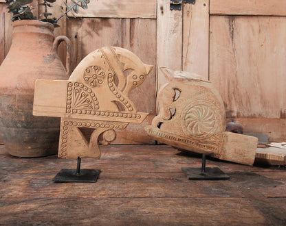 Vintage Hand-Carved Wooden Horse Sculpture on Stand | Folk Art Tribal Decor | Rustic Primitive Accent