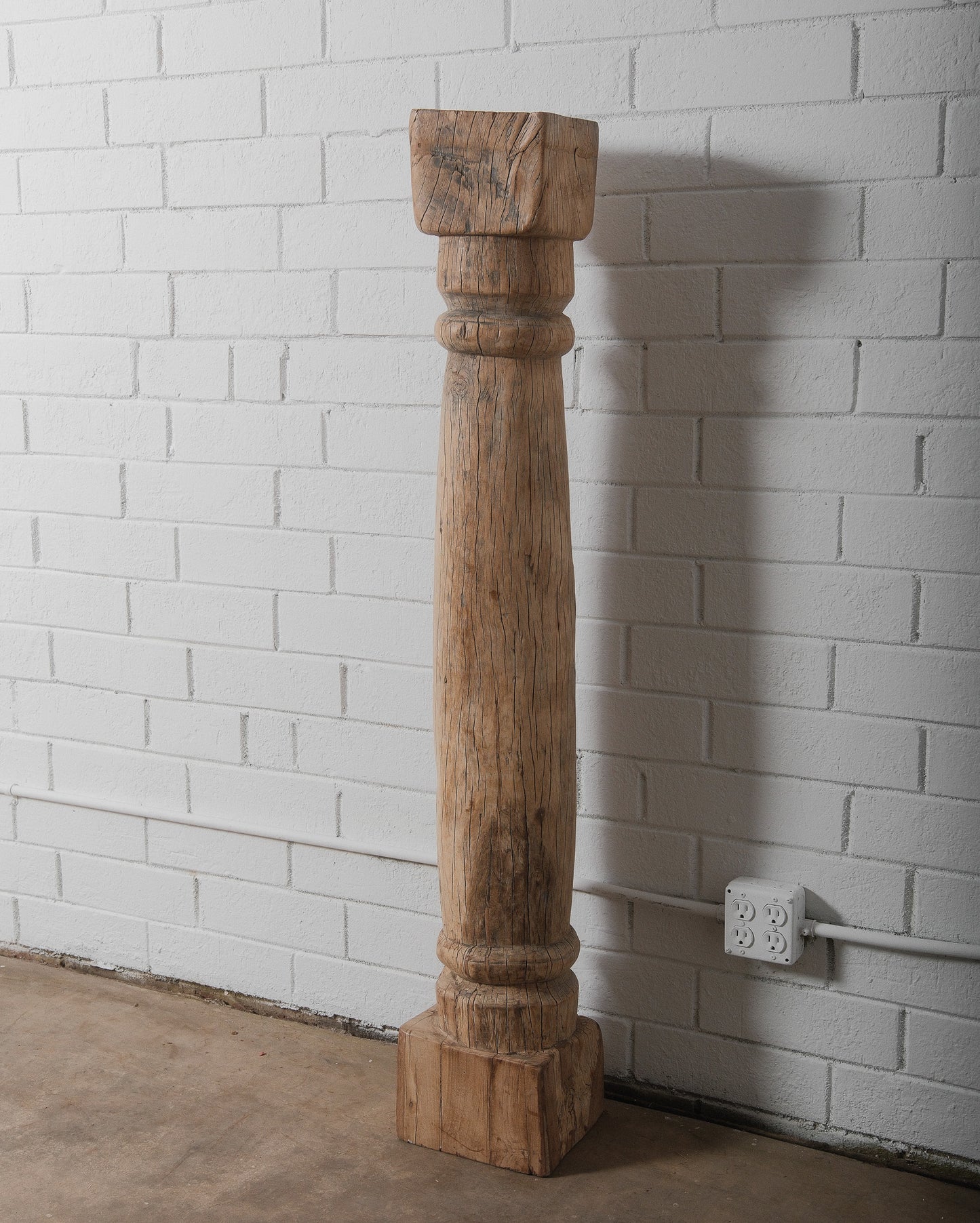 Hand-Carved Teak Wood Column with Distressed Patina