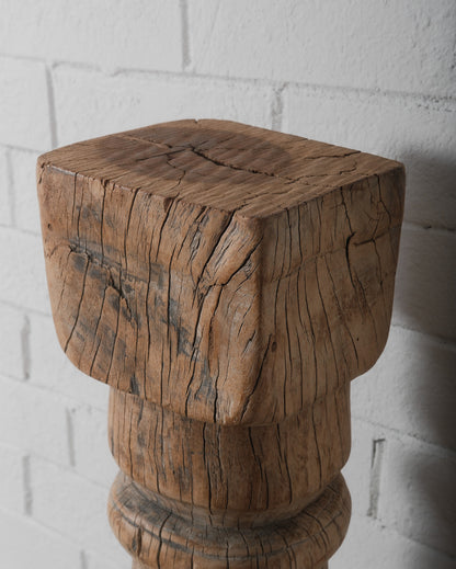 Hand-Carved Teak Wood Column with Distressed Patina