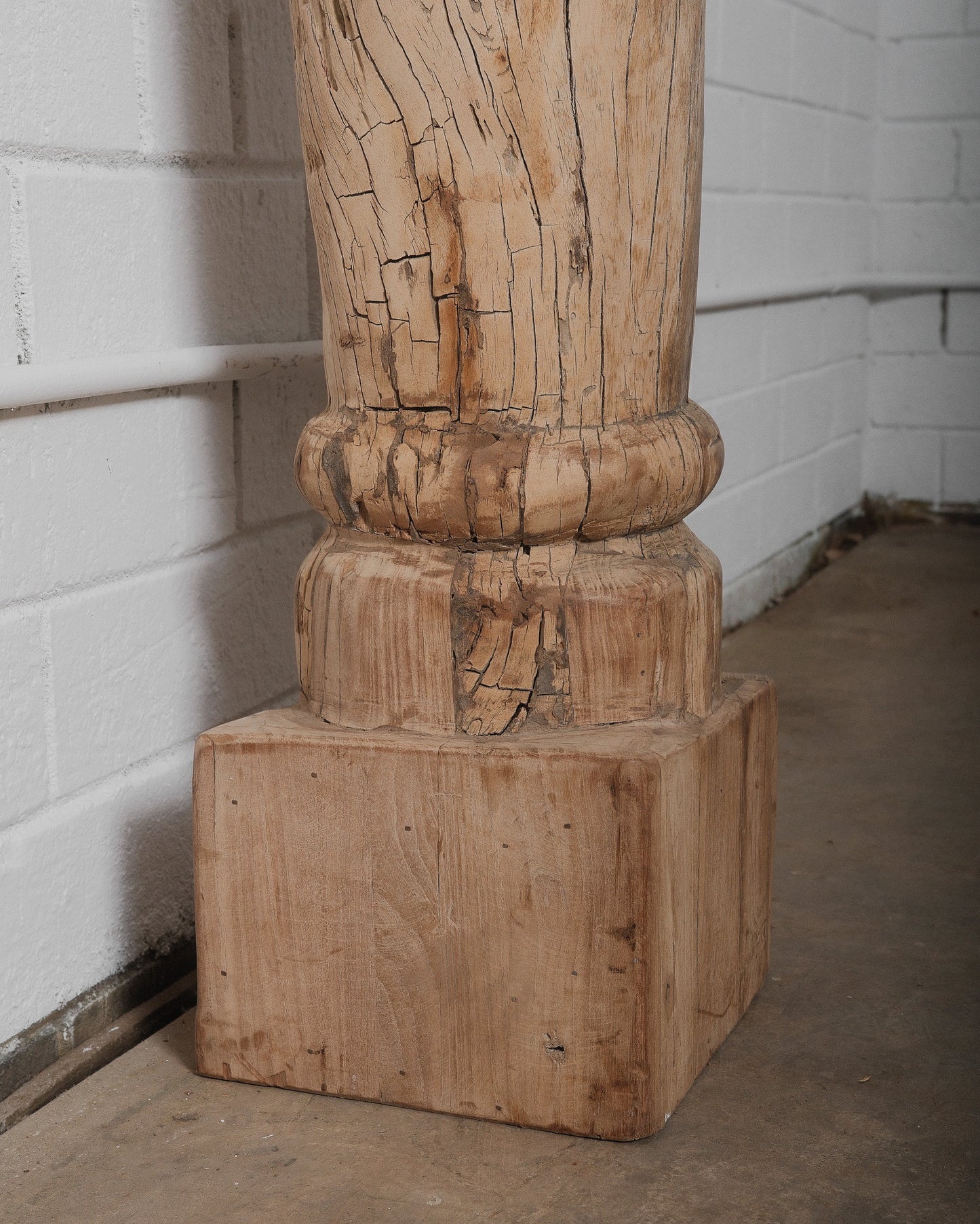 Hand-Carved Teak Wood Column with Distressed Patina