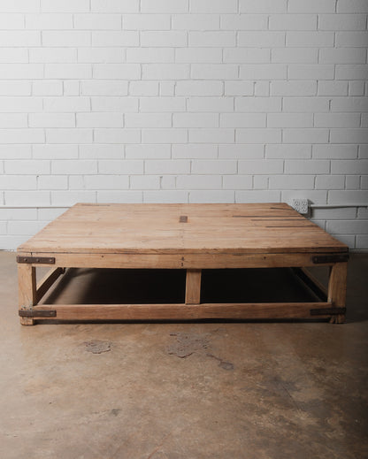 Rustic Industrial Low Wood Coffee Table with Iron Accents