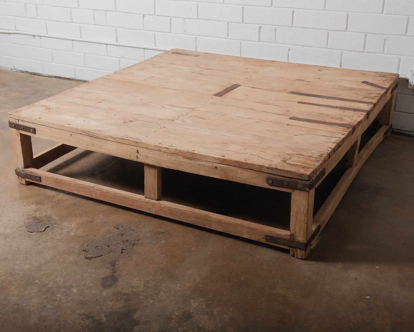 Rustic Industrial Low Wood Coffee Table with Iron Accents