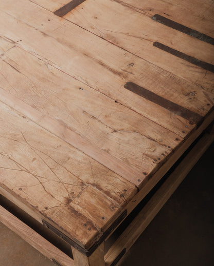 Rustic Industrial Low Wood Coffee Table with Iron Accents