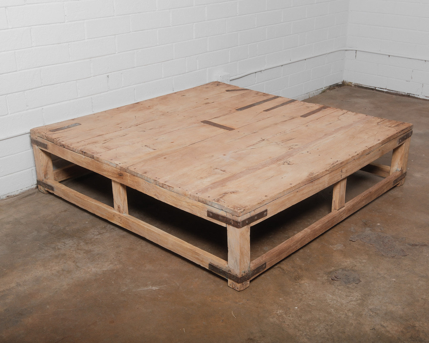 Rustic Industrial Low Wood Coffee Table with Iron Accents