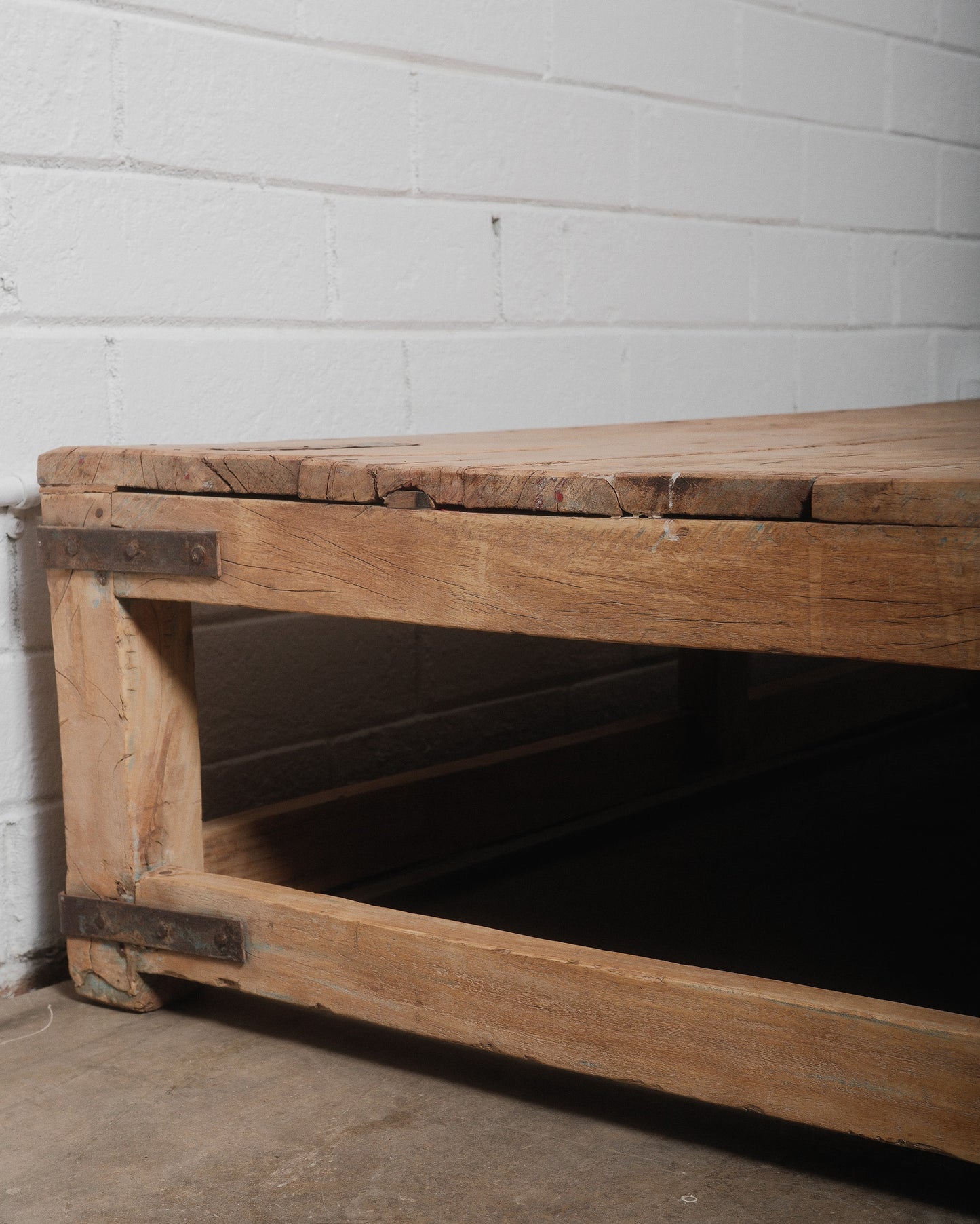Rustic Industrial Low Wood Coffee Table with Iron Accents