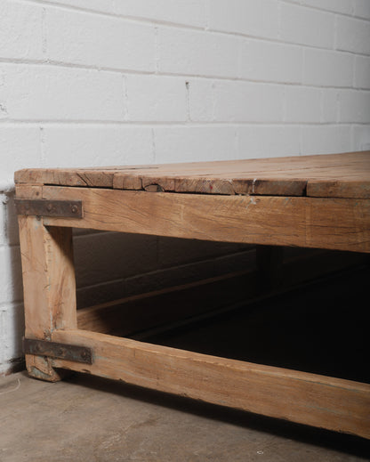 Rustic Industrial Low Wood Coffee Table with Iron Accents