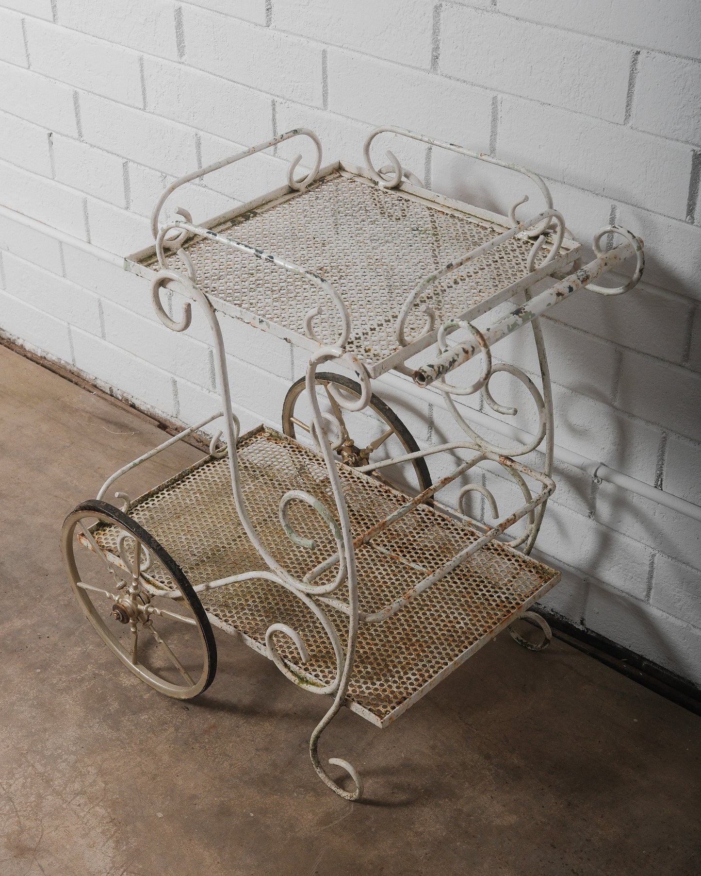 Early 20th Century French Wrought Iron & Mesh Bar Cart