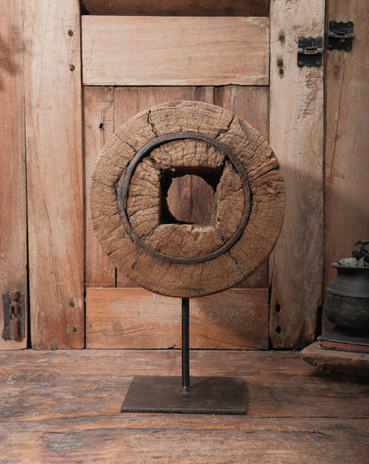 Primitive Wooden Wheel Ring on Iron Stand