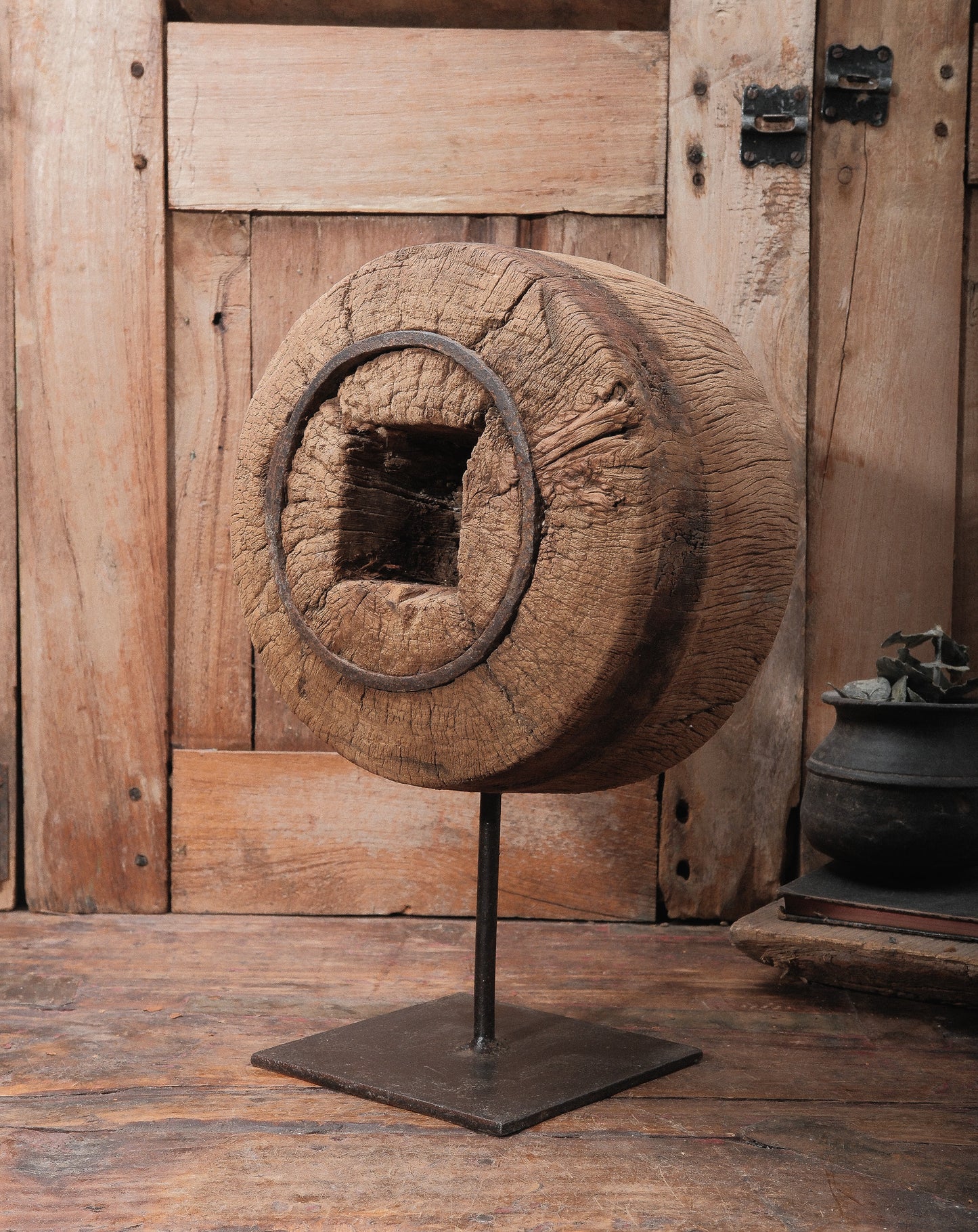 Primitive Wooden Wheel Ring on Iron Stand