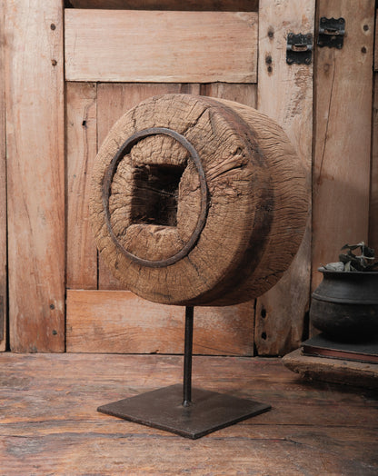 Primitive Wooden Wheel Ring on Iron Stand