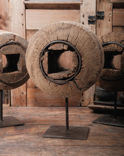 Primitive Wooden Wheel Ring on Iron Stand