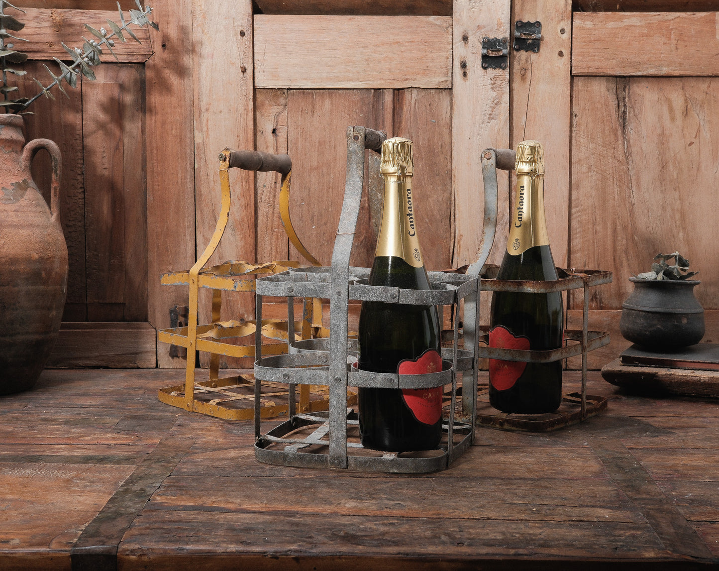 Vintage European Metal Bottle Carrier with Wooden Handle