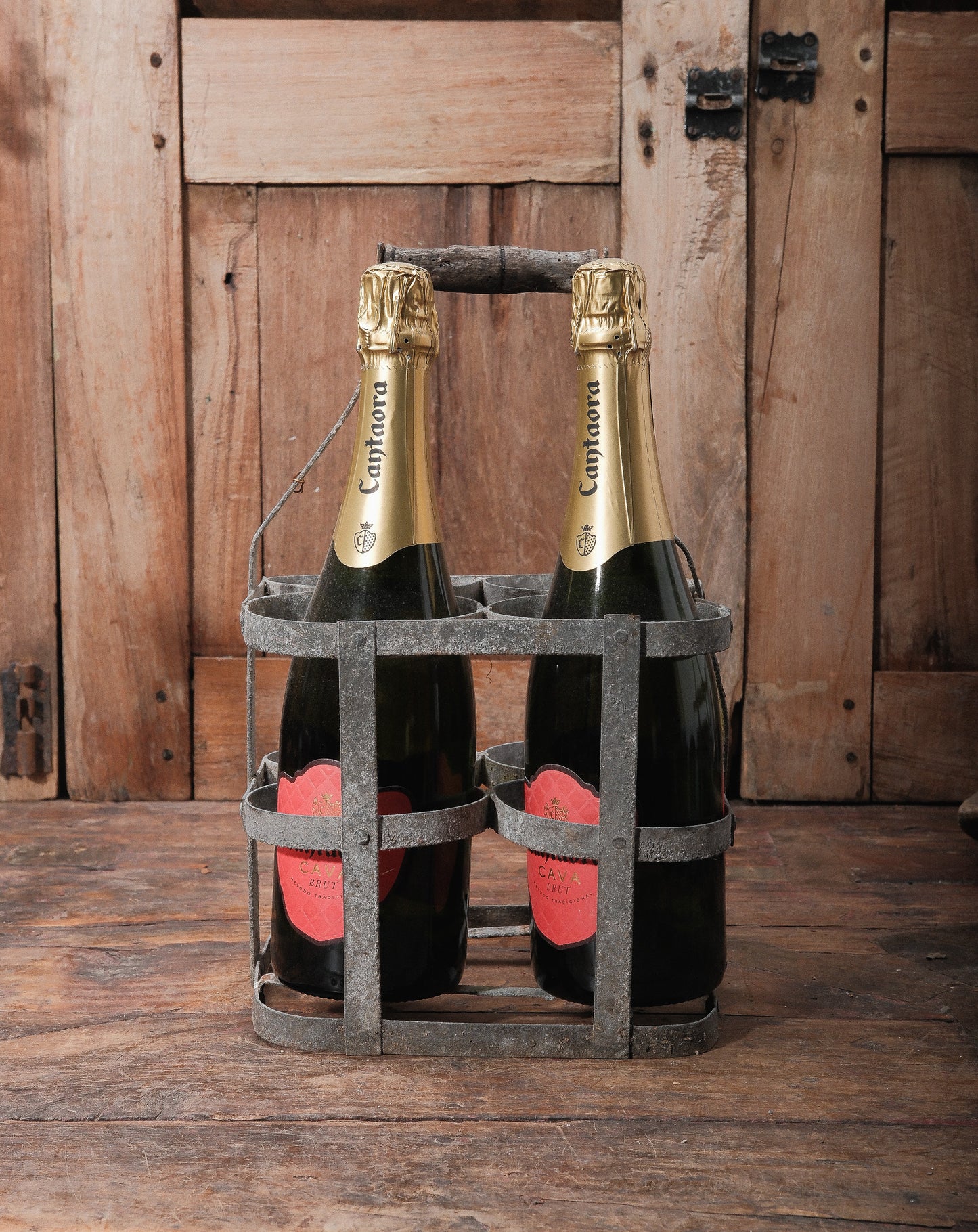 Vintage European Metal Bottle Carrier with Wooden Handle