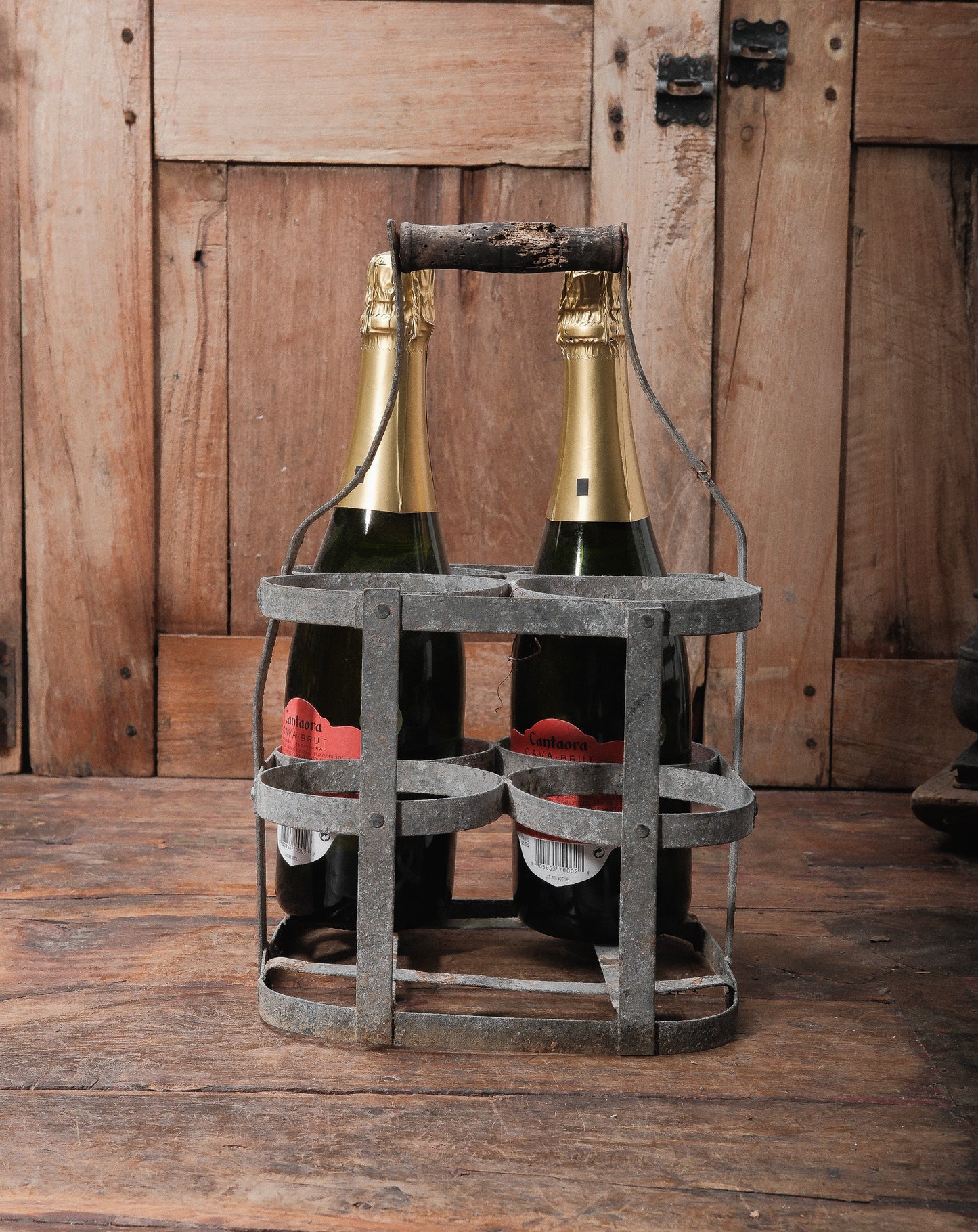 Vintage European Metal Bottle Carrier with Wooden Handle