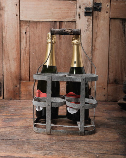 Vintage European Metal Bottle Carrier with Wooden Handle