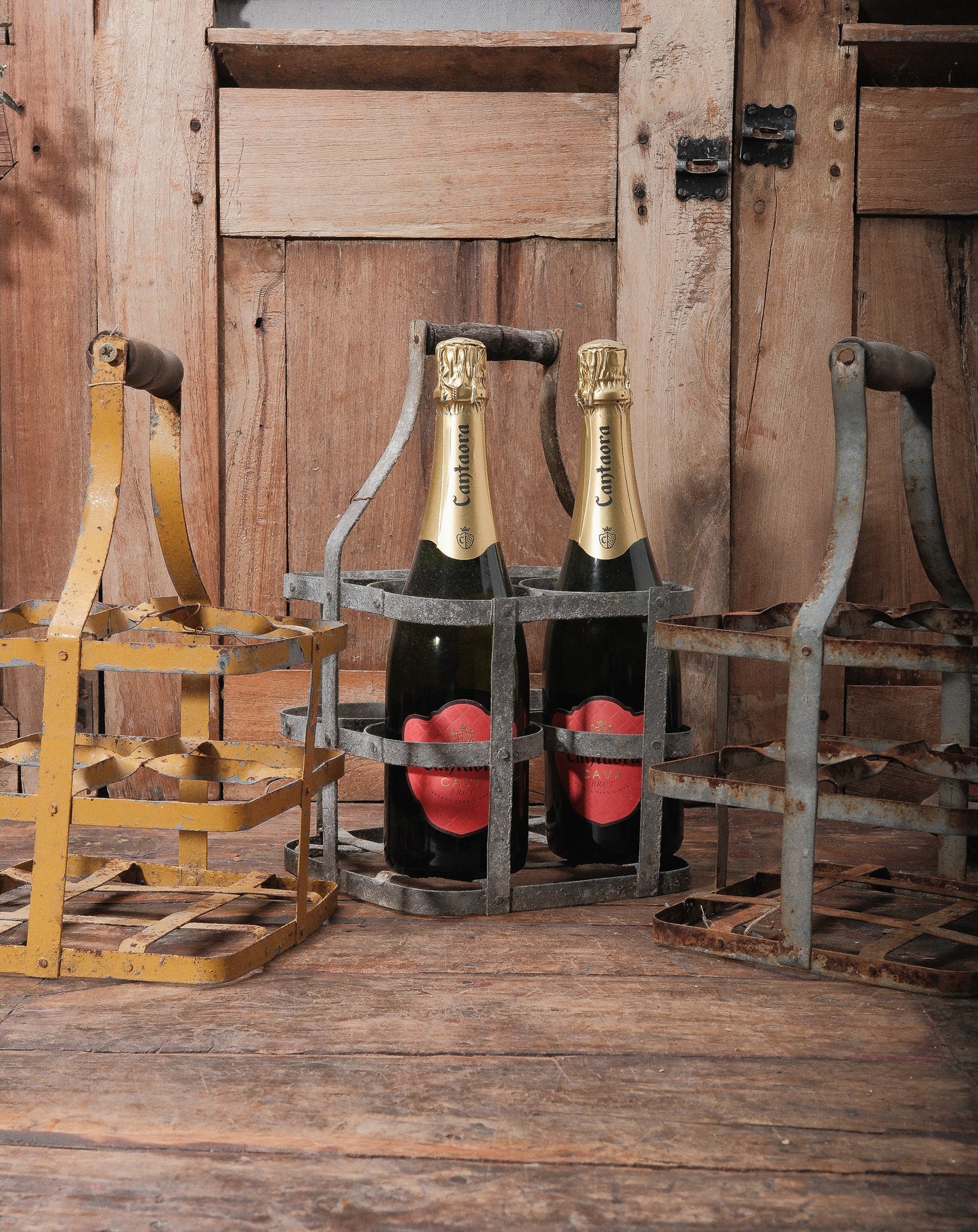 Vintage European Metal Bottle Carrier with Wooden Handle