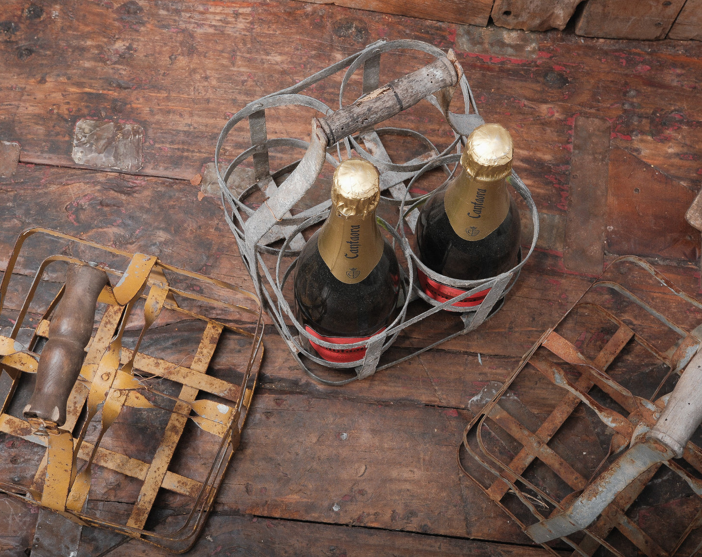 Vintage European Metal Bottle Carrier with Wooden Handle