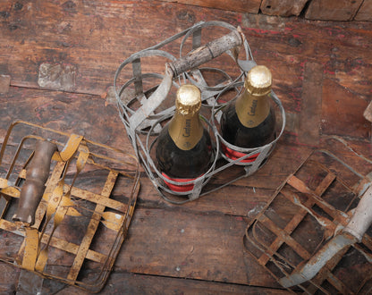 Vintage European Metal Bottle Carrier with Wooden Handle