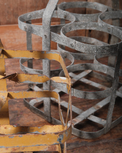 Vintage European Metal Bottle Carrier with Wooden Handle