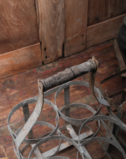 Vintage European Metal Bottle Carrier with Wooden Handle