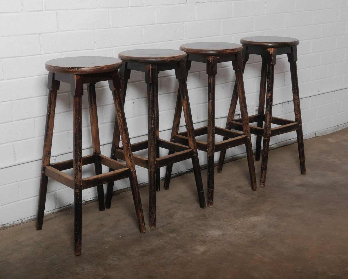 Set of Four Vintage Wooden Bar Stools