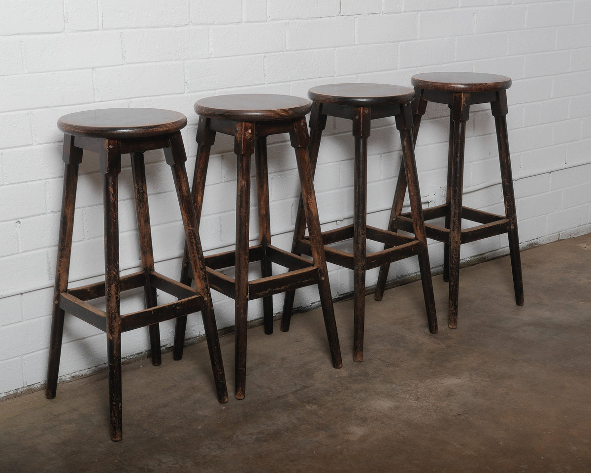 Set of Four Vintage Wooden Bar Stools