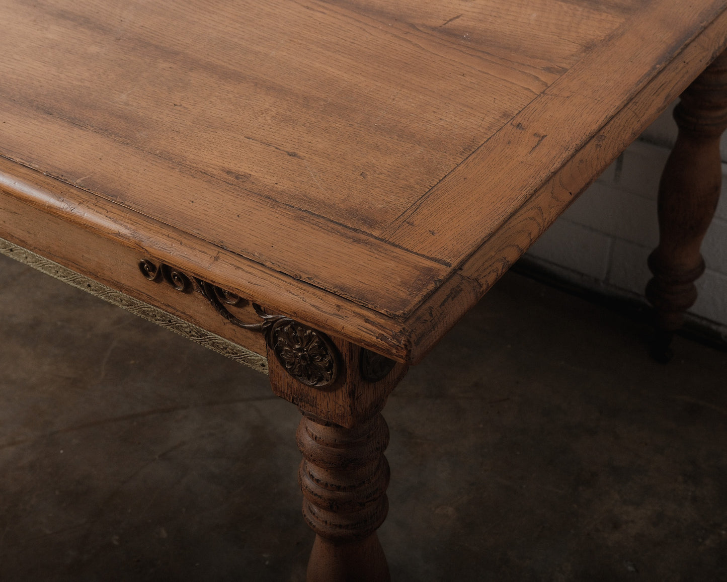 19th Century French Provincial Oak Dining Table with Carved Details and Casters