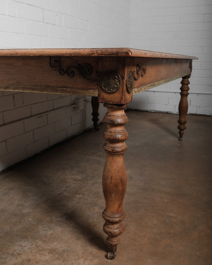 19th Century French Provincial Oak Dining Table with Carved Details and Casters