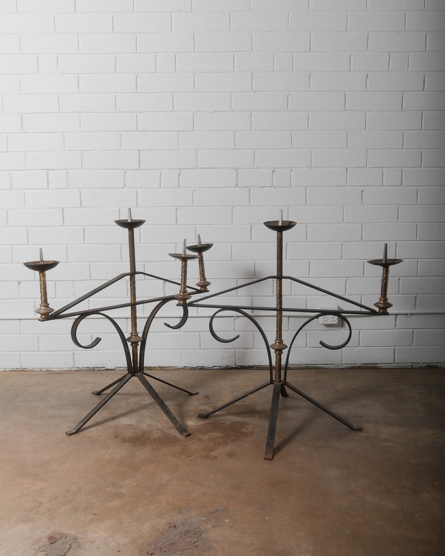 Pair of Antique Large Wrought Iron and Brass Church Candelabras