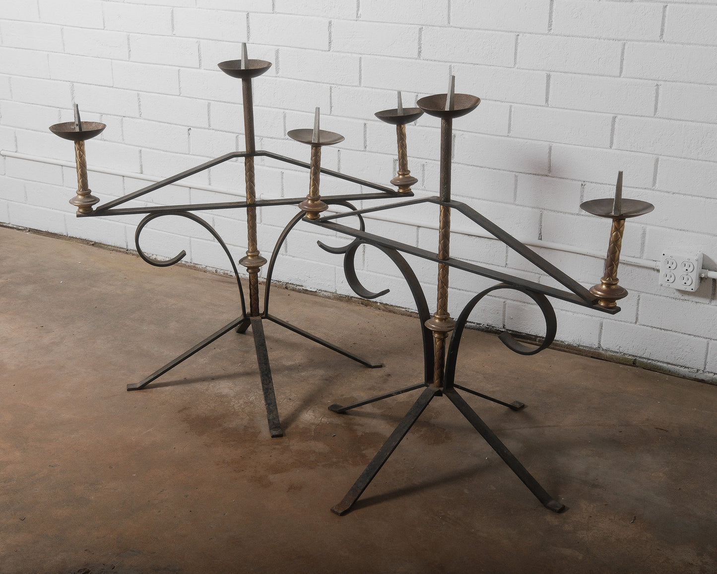Pair of Antique Large Wrought Iron and Brass Church Candelabras