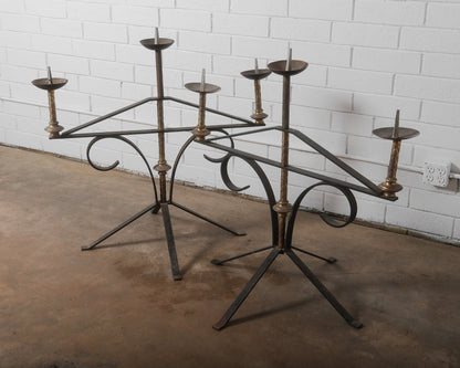 Pair of Antique Large Wrought Iron and Brass Church Candelabras