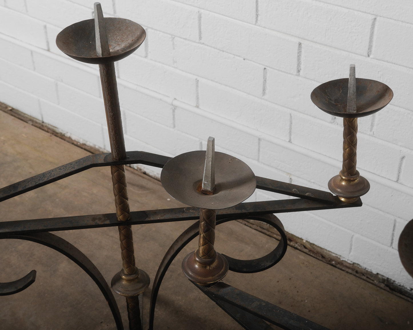 Pair of Antique Large Wrought Iron and Brass Church Candelabras