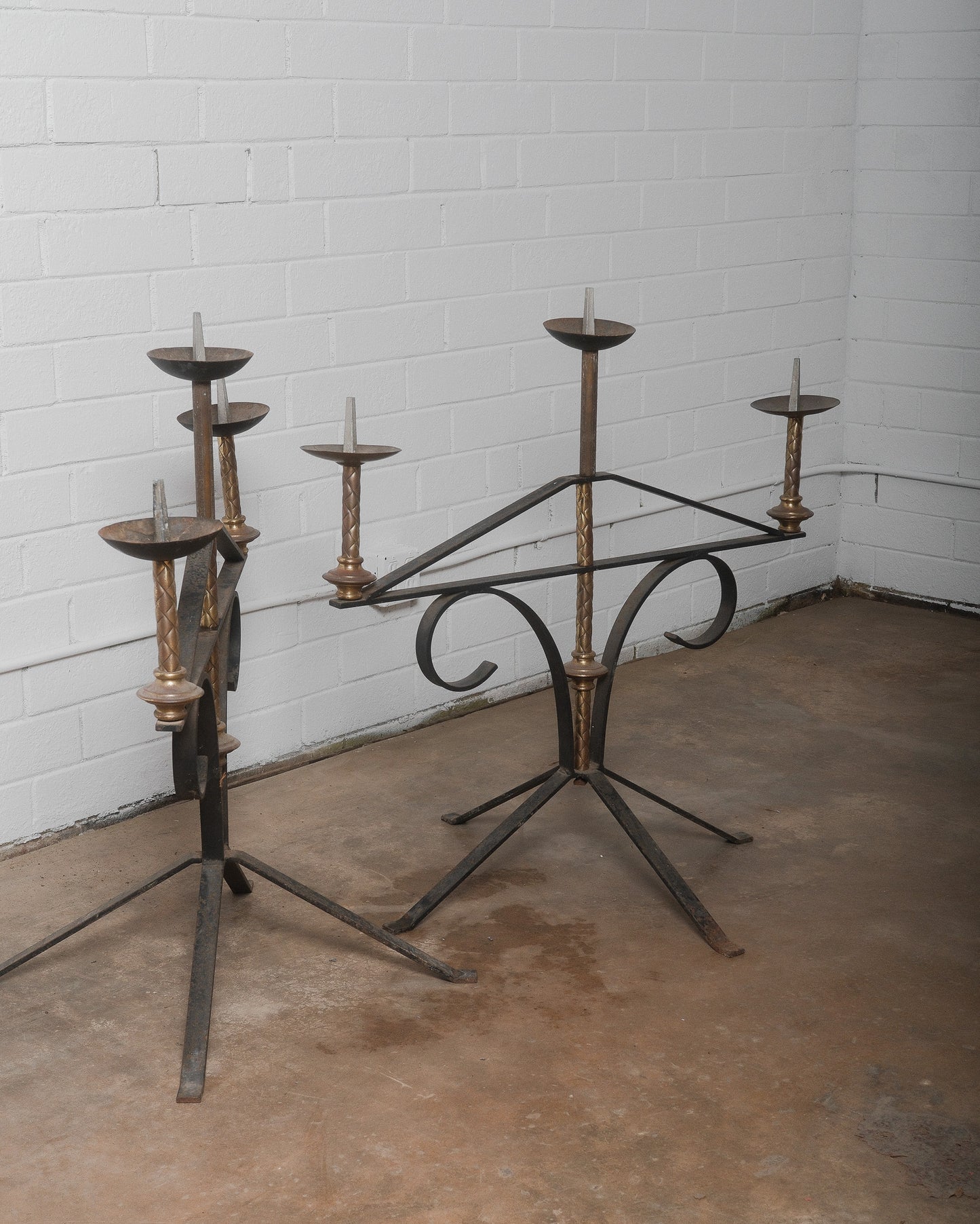 Pair of Antique Large Wrought Iron and Brass Church Candelabras