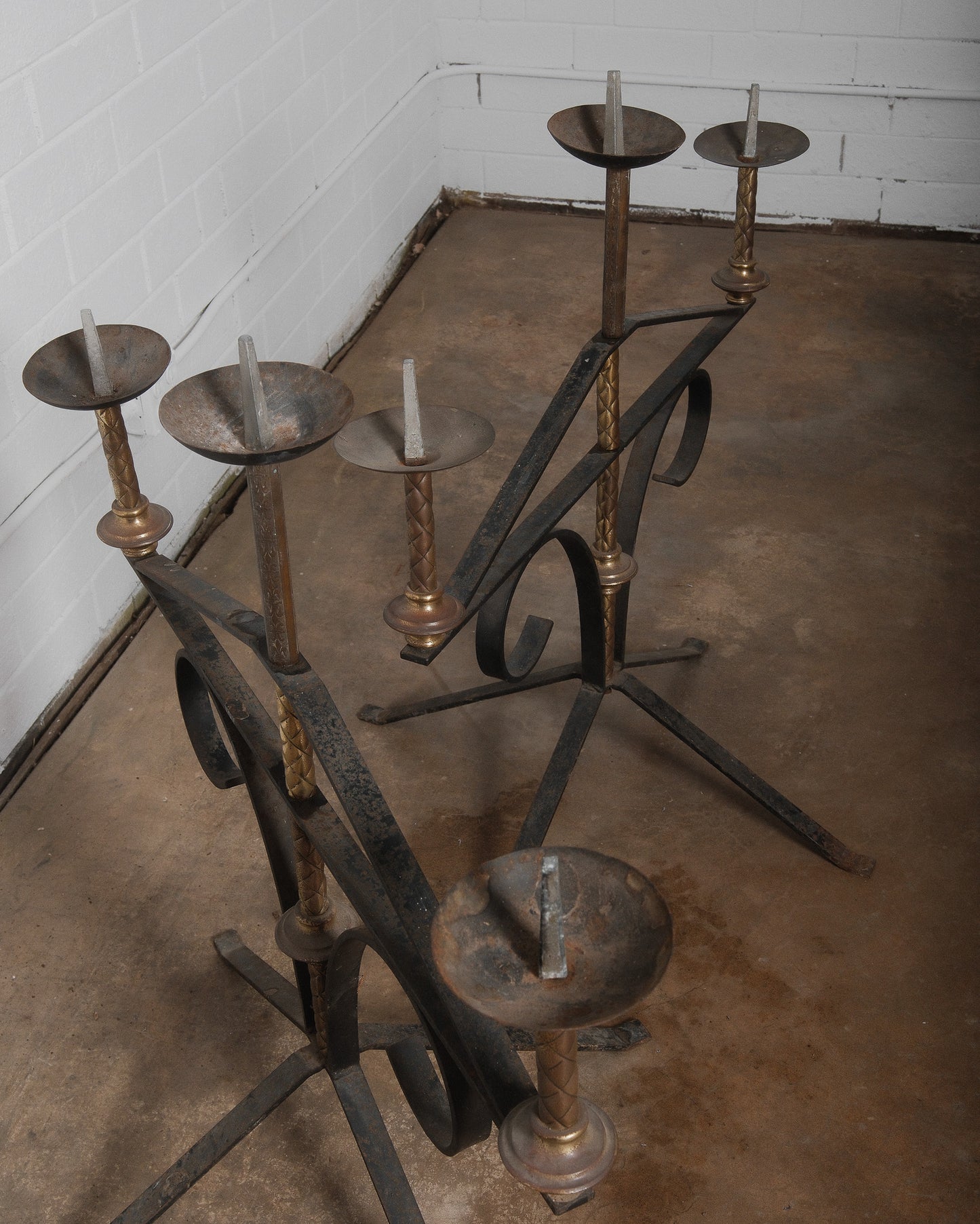 Pair of Antique Large Wrought Iron and Brass Church Candelabras