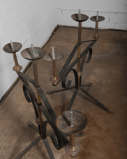 Pair of Antique Large Wrought Iron and Brass Church Candelabras