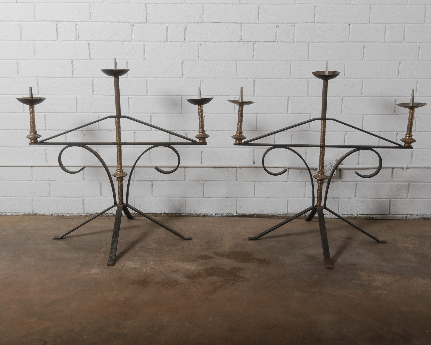 Pair of Antique Large Wrought Iron and Brass Church Candelabras